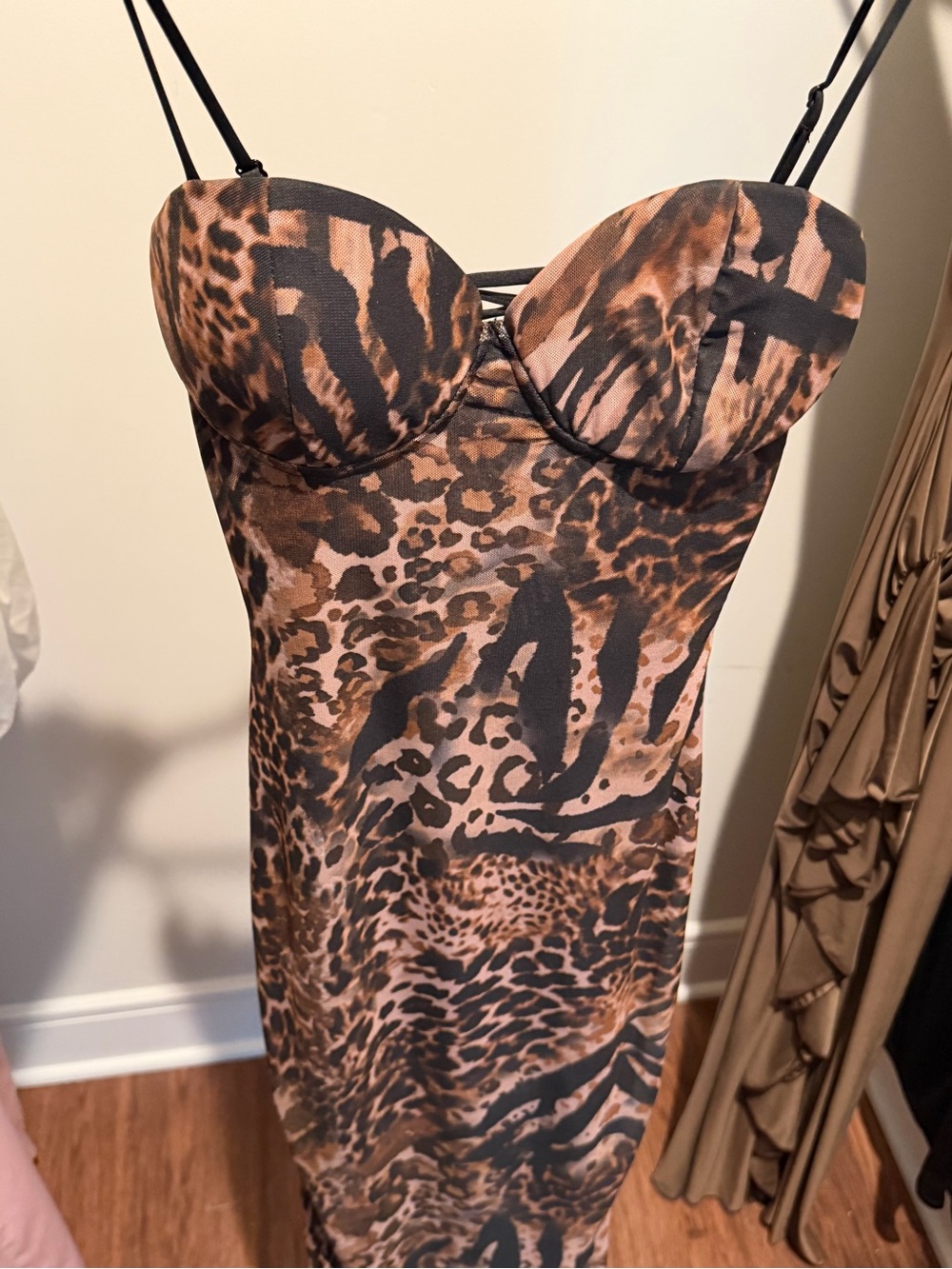 Animal Print Spaghetti Strap Bodycon Dress - Brown